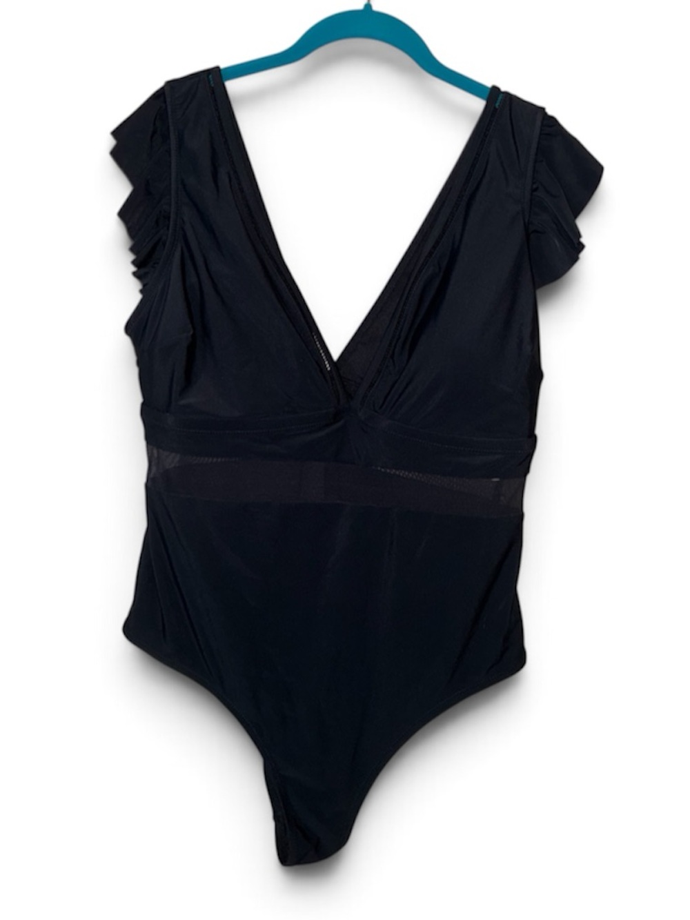 Black Ruffle Sleeve One-Piece Swimsuit - Deep V